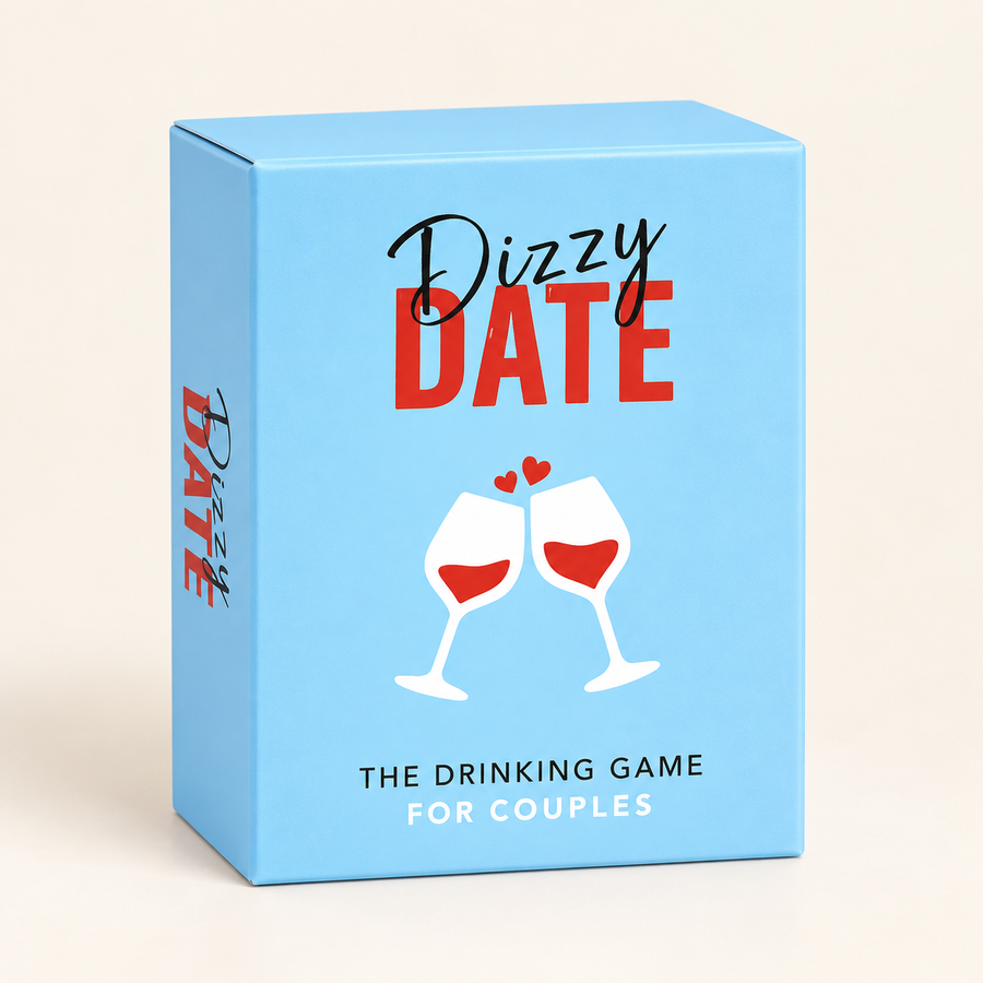 Dizzy Date card game in its original blue box on an ivory background