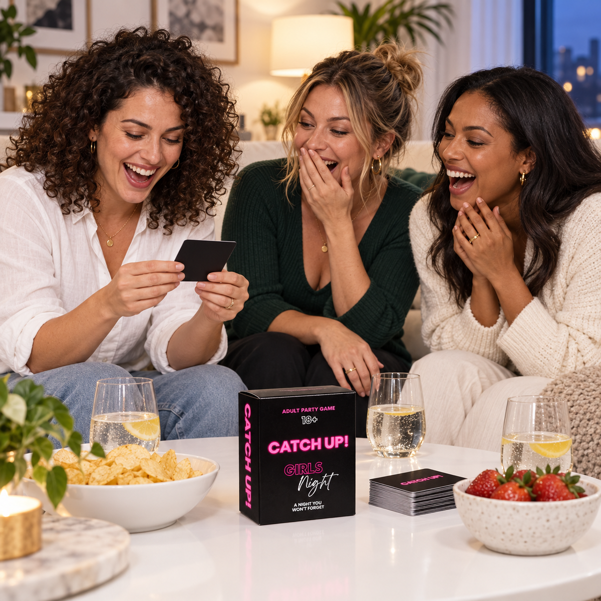 Illustrative lifestyle scene of adult friends playing Catch Up! Girls Night