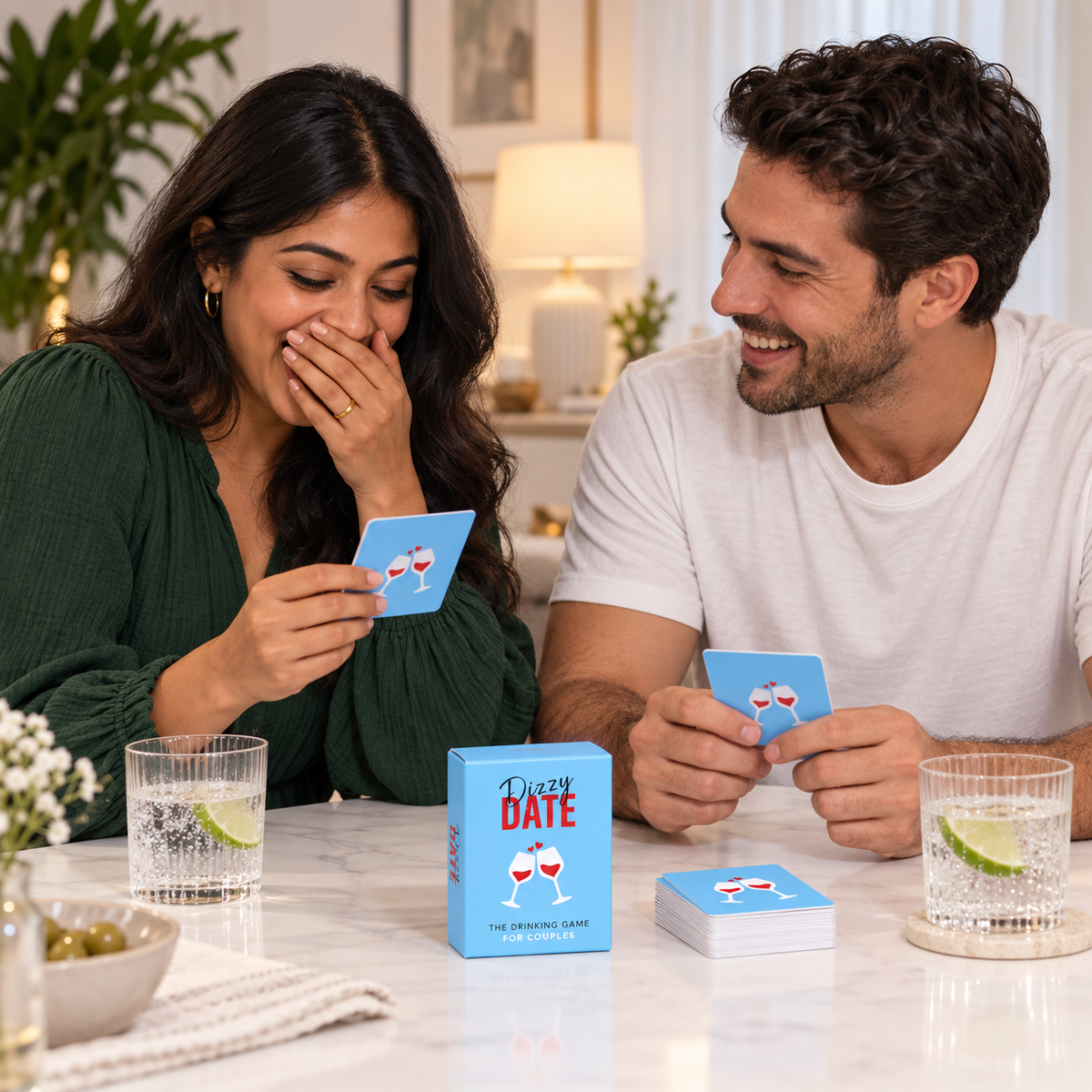 Illustrative lifestyle scene of an adult couple playing Dizzy Date