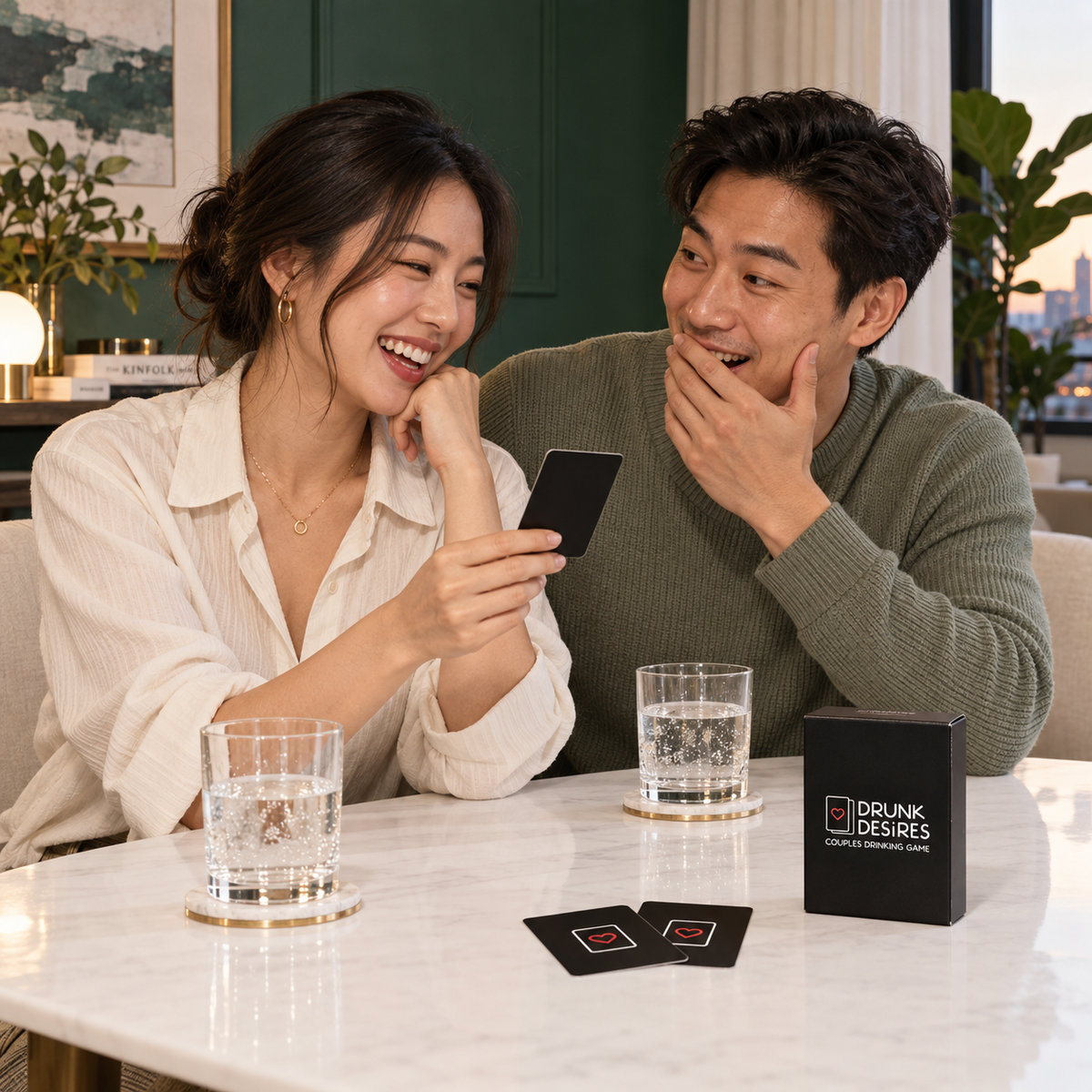 Illustrative lifestyle scene of an adult couple playing Drunk Desires