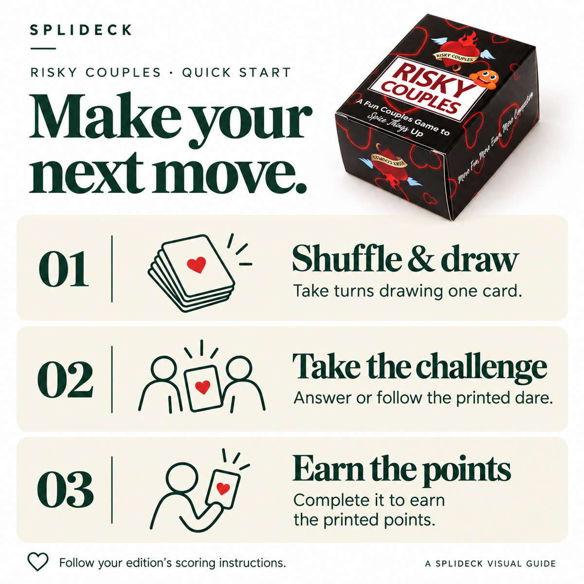 Risky Couples: quick start. Shuffle & draw. Take turns drawing one card. Take the challenge. Answer or follow the printed dare. Earn the points. Complete it to earn the printed points. Follow your edition’s scoring instructions.