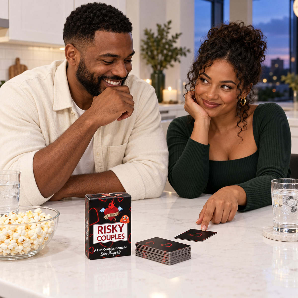Illustrative lifestyle scene of an adult couple playing Risky Couples